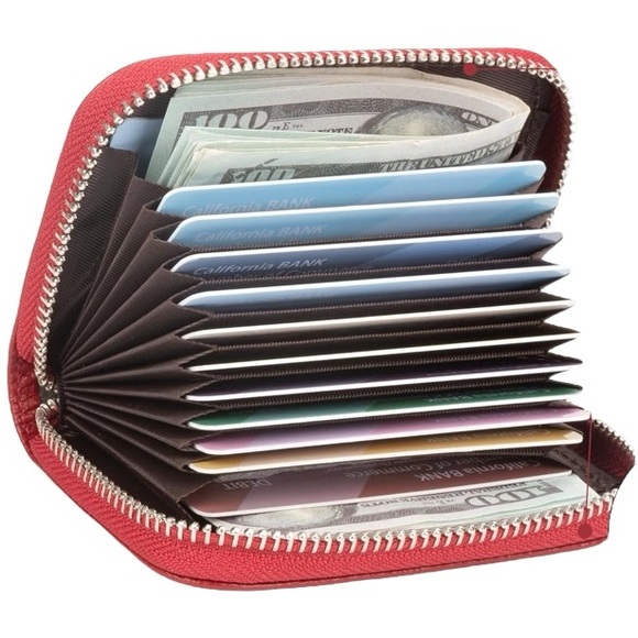 None Accessories - Red RFID Zipper Credit Card Wallet Compact Case Organizer